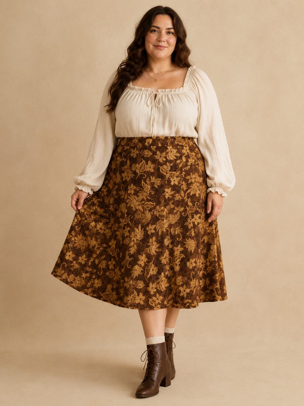 Brown Floral Leopard Midi Skirt 18 Boho Y2K Earth Tone A Line Cottagecore